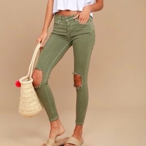 Free People Mid Rise Rip Knee Olive Green Skinny Jeans Size 27